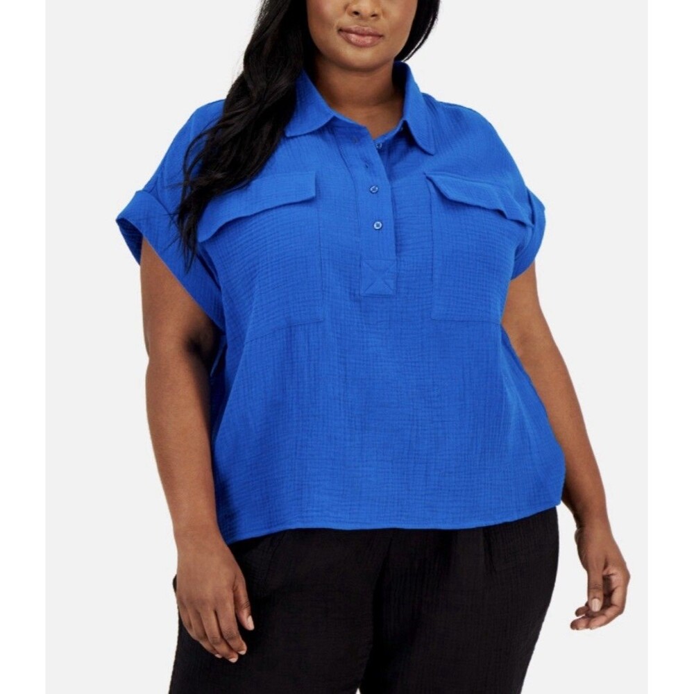 Calvin Klein Button-Front Camp Shirt Harbor Blue Plus Size 1X